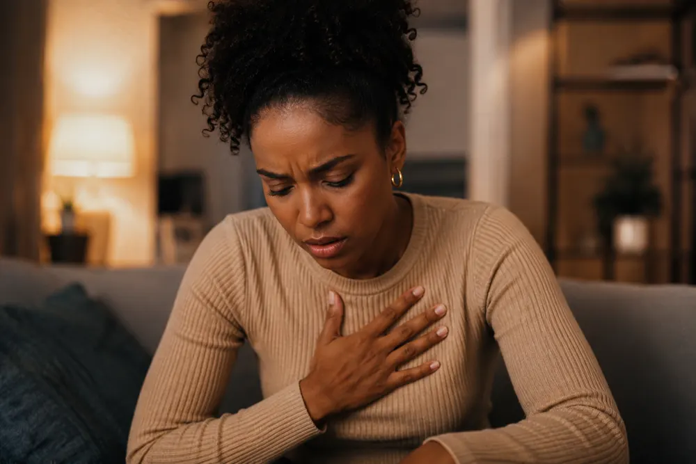 Person grounding with a hand on their chest.
