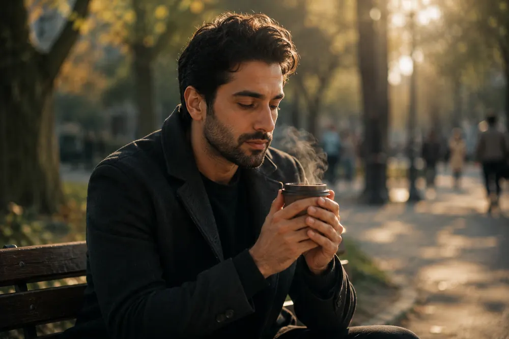 Person sitting outside and looking at an object in their hands.