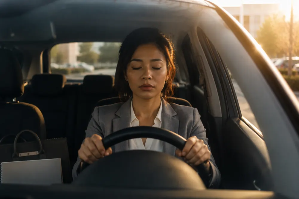 Person pausing in a car before continuing their day.