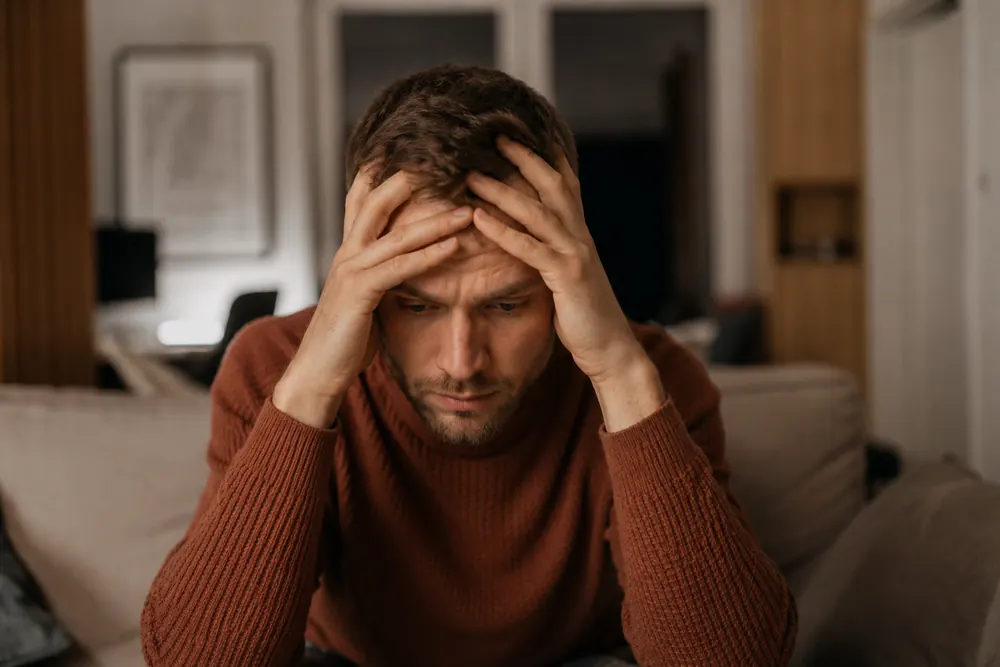 Person holding their head during an anxious moment at home.